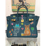 Kim Wyly Hand Painted Blue Leather Handbag, Owl/Bear/Lucky Clover, 30cm