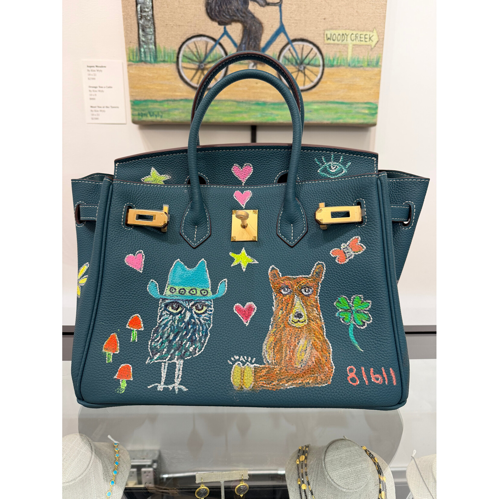 Kim Wyly Hand Painted Blue Leather Handbag, Owl/Bear/Lucky Clover, 30cm