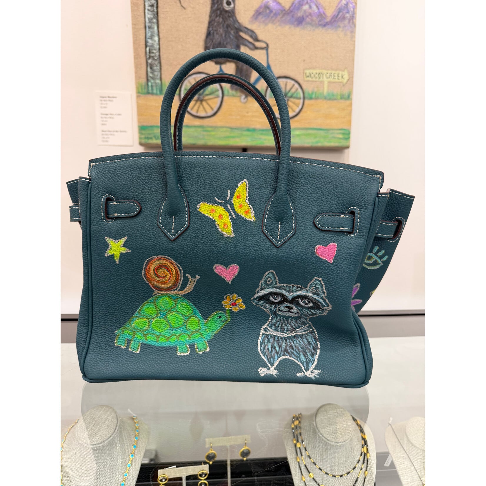 Kim Wyly Hand Painted Blue Leather Handbag, Owl/Bear/Lucky Clover, 30cm