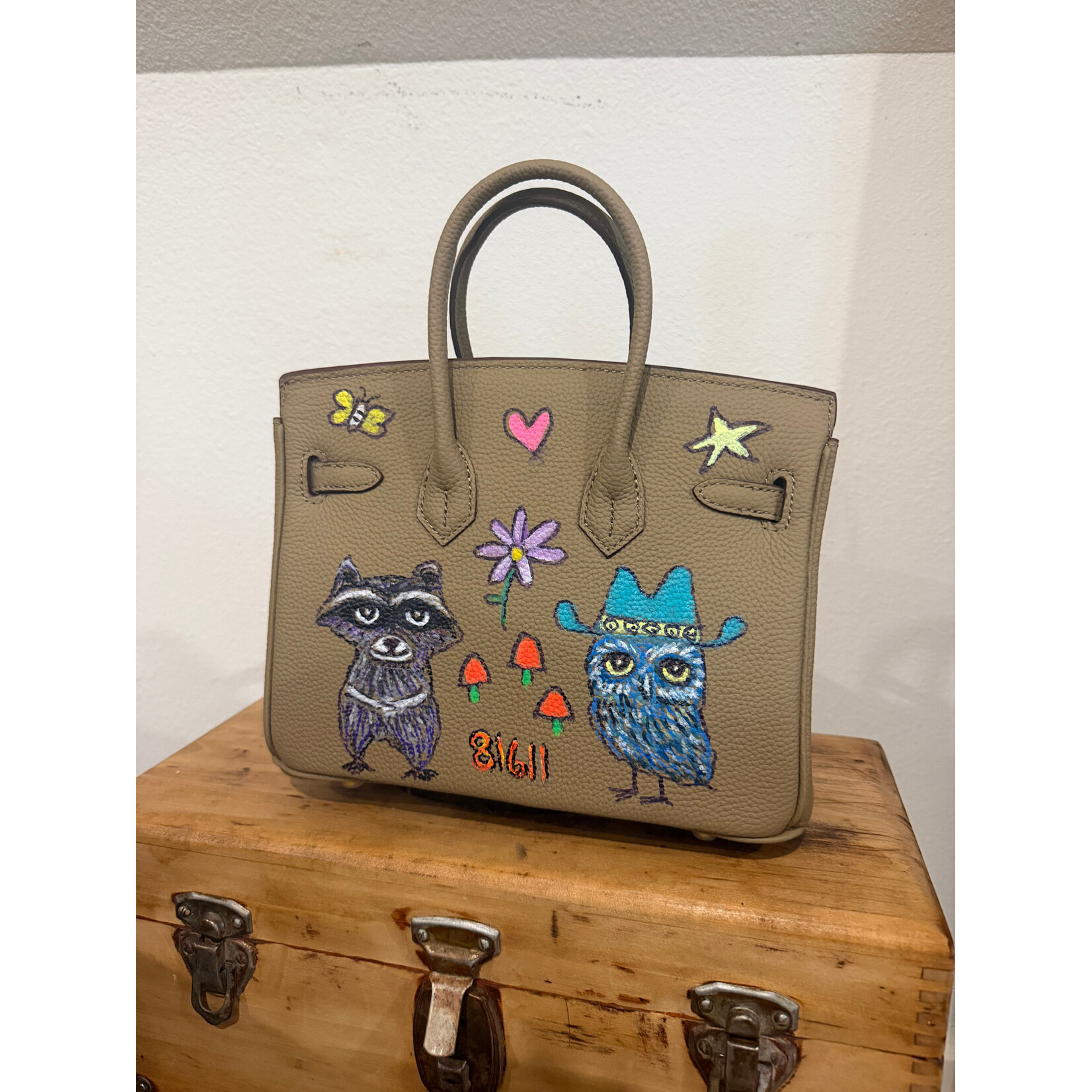 Kim Wyly Hand Painted Taupe Leather Handbag, Blue Bear/Eye/Woodpecker, 25cm