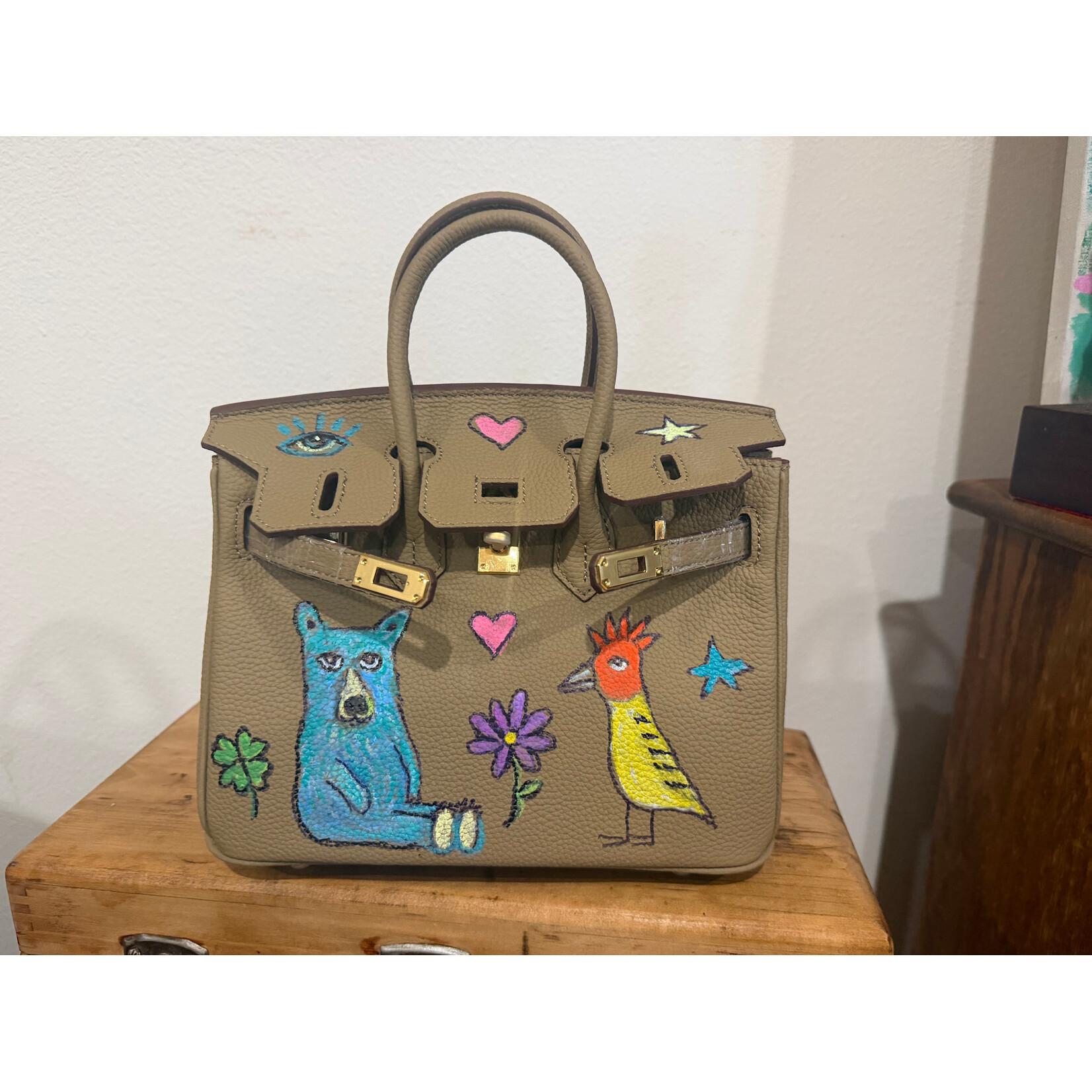 Kim Wyly Hand Painted Taupe Leather Handbag, Blue Bear/Eye/Woodpecker, 25cm