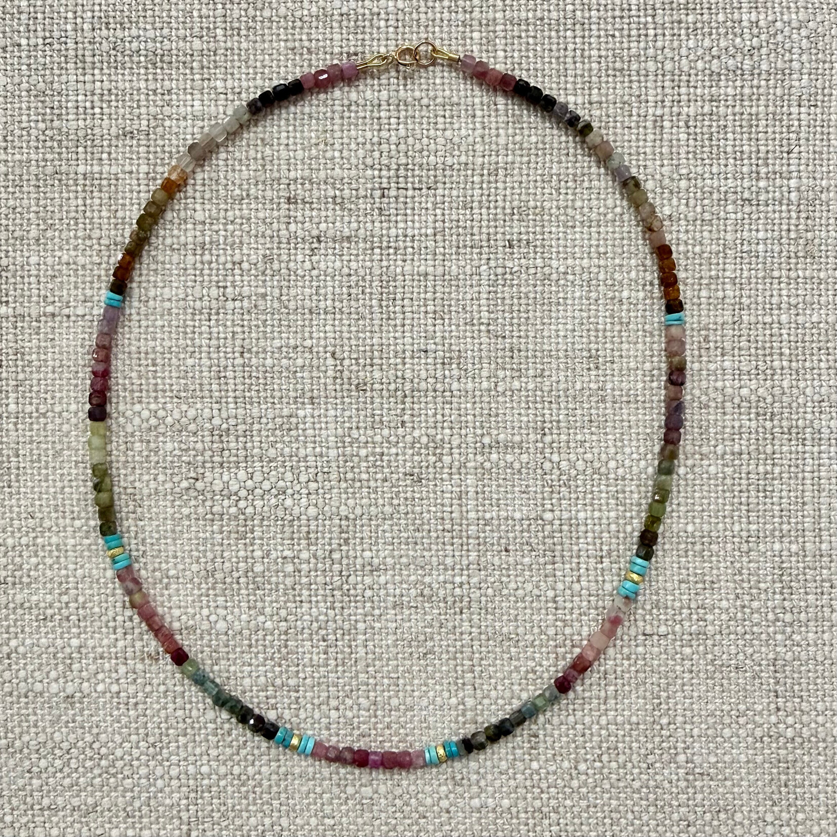 Theodosia Block Tourmaline Necklace, Turquoise and 14k Gold Beads, 16 inch