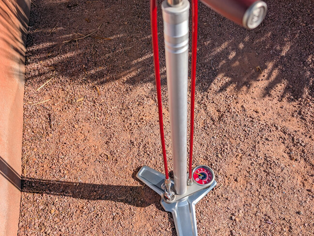 Silca Superpista Ultimate 'Hiro' Edition Floor Pump - 160psi, Stainless Steel, Red Hose with Hiro V2 Chuck, Silver