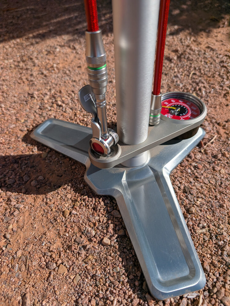 Silca Superpista Ultimate 'Hiro' Edition Floor Pump - 160psi, Stainless Steel, Red Hose with Hiro V2 Chuck, Silver