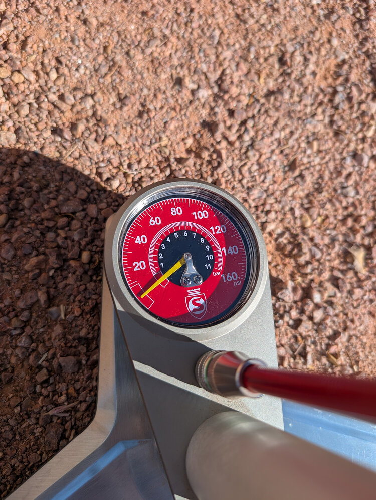 Silca Superpista Ultimate 'Hiro' Edition Floor Pump - 160psi, Stainless Steel, Red Hose with Hiro V2 Chuck, Silver