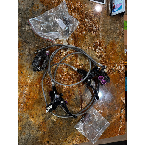 Hope Tech 4 V4 Hydraulic Disc Brakes - 6 bolt vented purple with braided hose rotors and red pads (used)