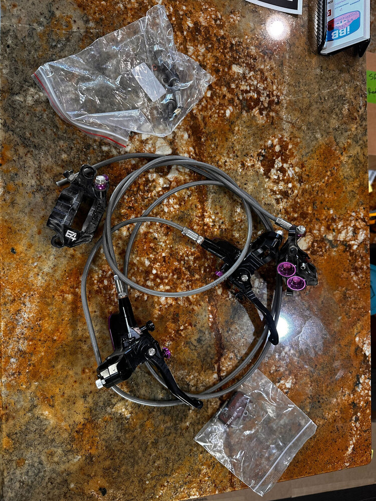 Hope Tech 4 V4 Hydraulic Disc Brakes - 6 bolt vented purple with braided hose rotors and red pads (used)