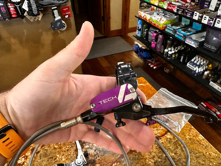 Hope Tech 4 V4 6 bolt vented purple with rotors and red pads (used)