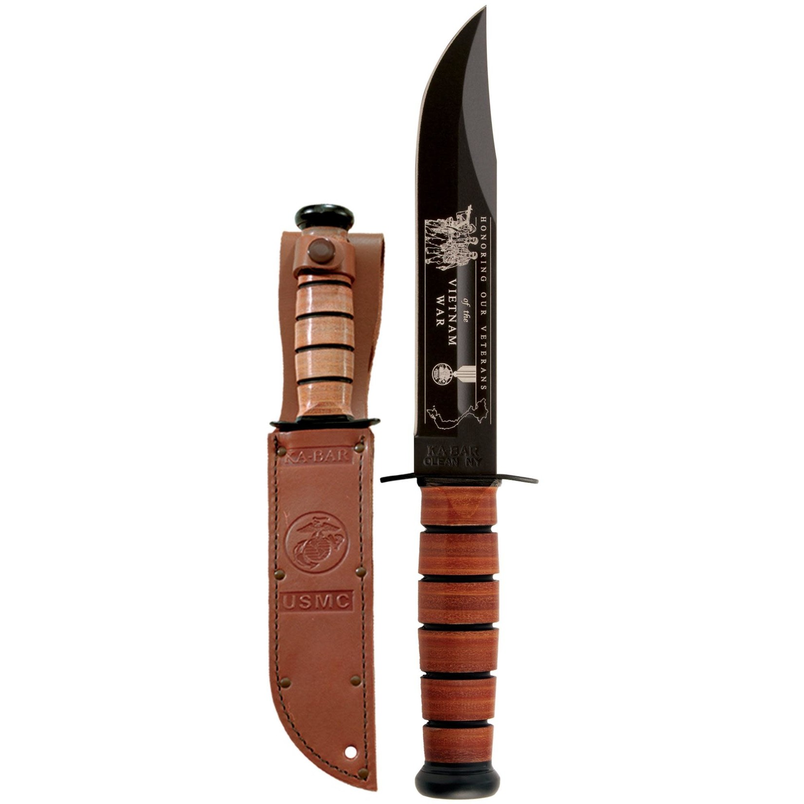 KaBar USMC Vietnam Fighting Knife, Leather Sheath, Straight Edge