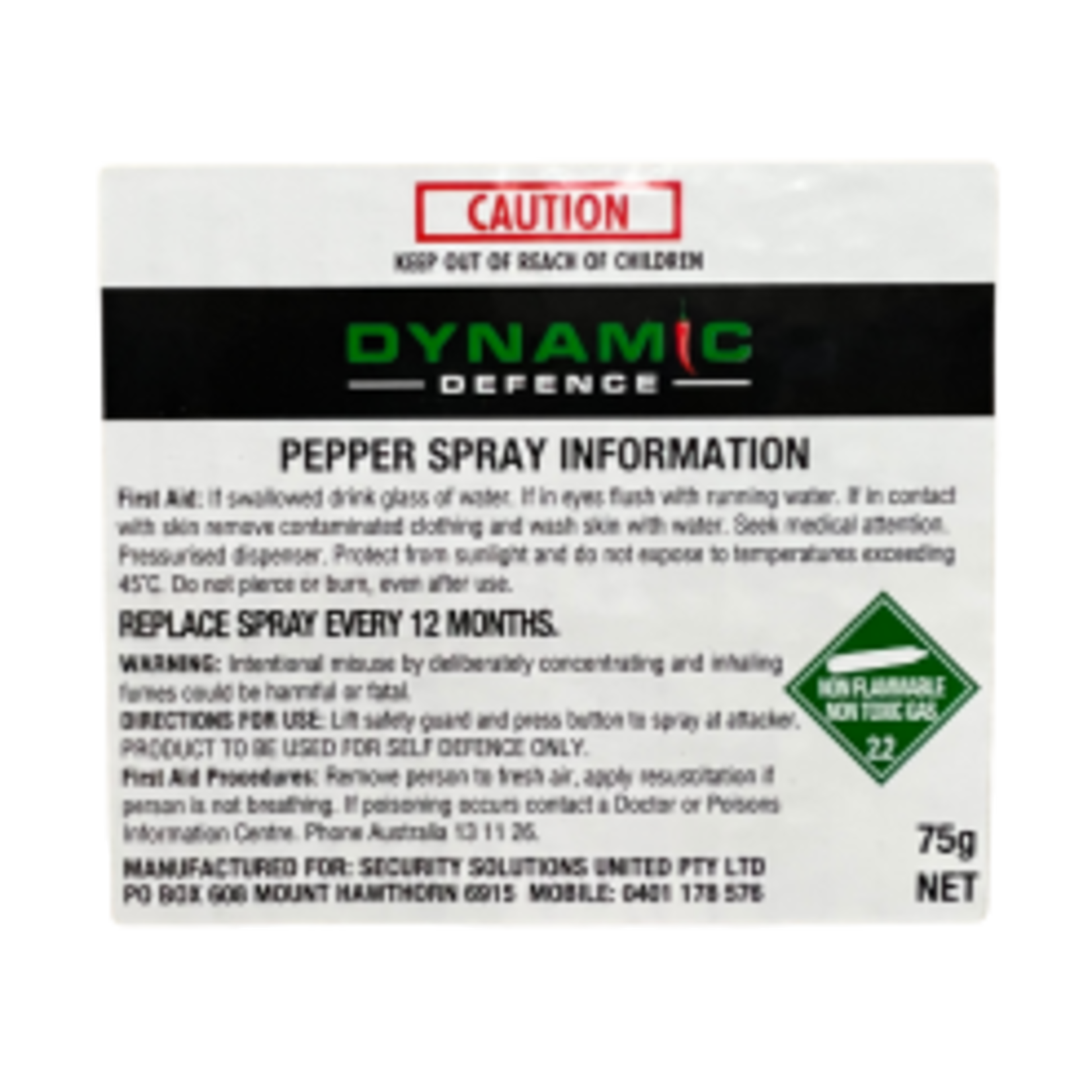 Dynamic Defence Dynamic Defense OC Pepper Spray - 75 Gram - 3.5m Range - 10 Second Volume