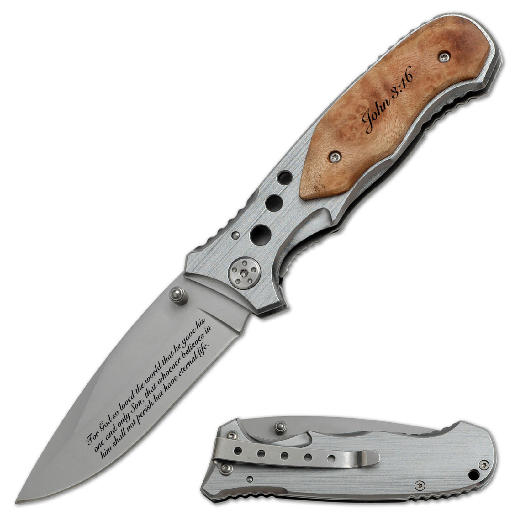 M-Tech USA MTech Drop Point Folding Knife - Biblical Series - John 3:16