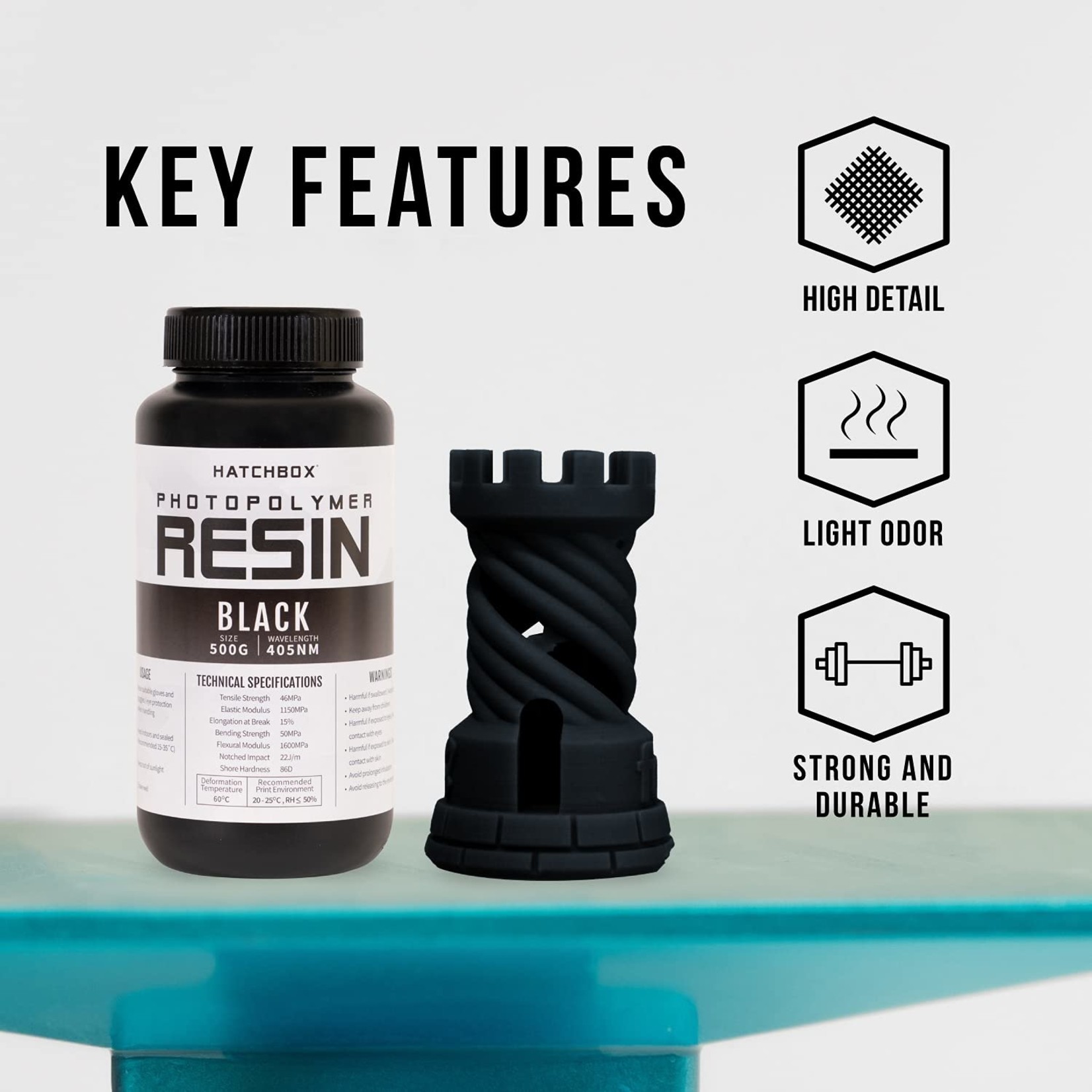 Hatchbox BLACK 3D PRINTER RESIN - 405NM, 500ML BOTTLE