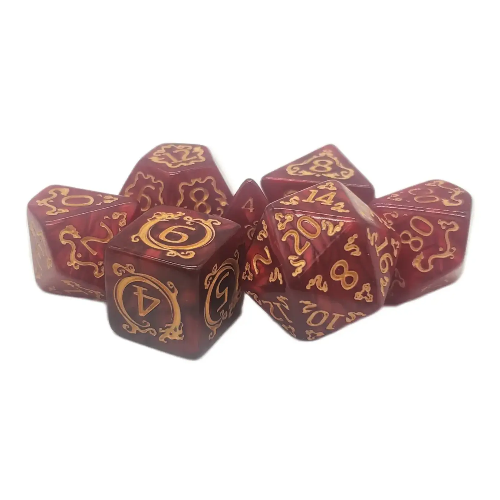 Old School Old School 7 Piece DnD RPG Dice Set: Rune Dice - Coiled Serpent - Red w/ Gold
