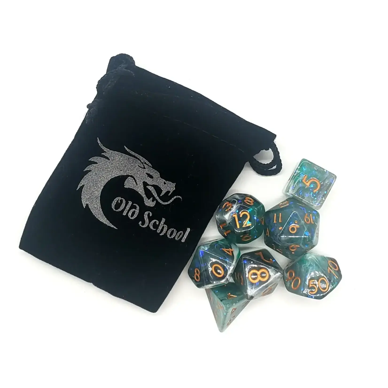 Old School Old School 7 Piece DnD RPG Dice Set: Particles - Black, White & Green Mist