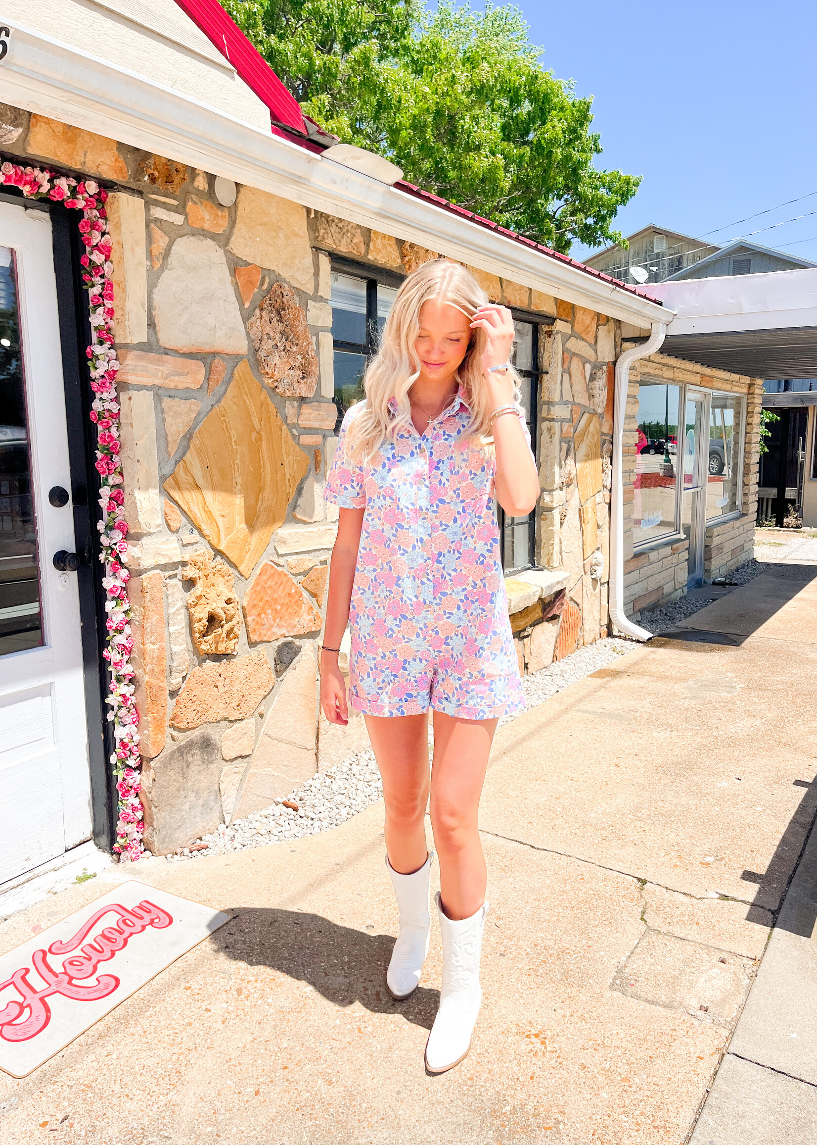 Sadie pink blue floral romper