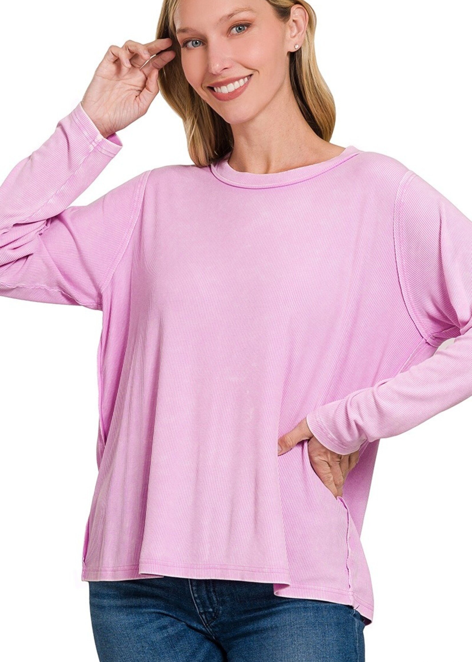 WASHED RIBBED SCOOP NECK LONG SLEEVE TOP