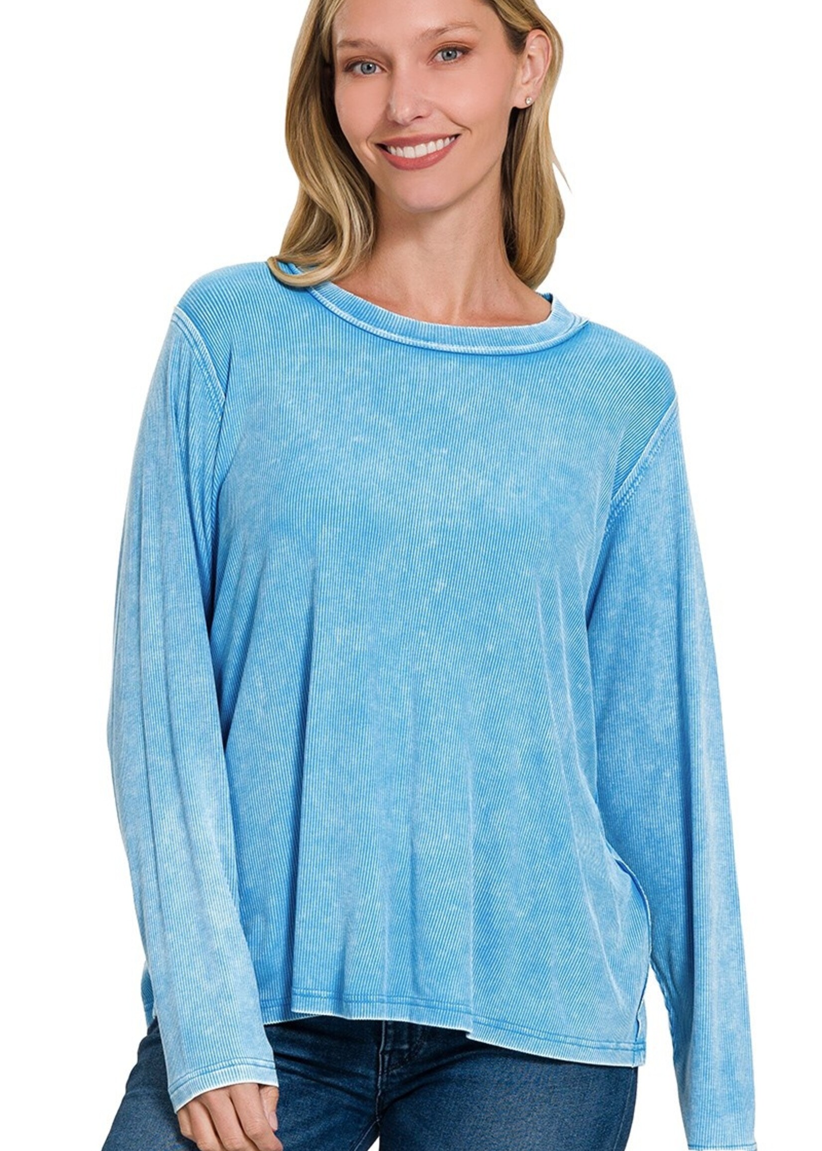 WASHED RIBBED SCOOP NECK LONG SLEEVE TOP