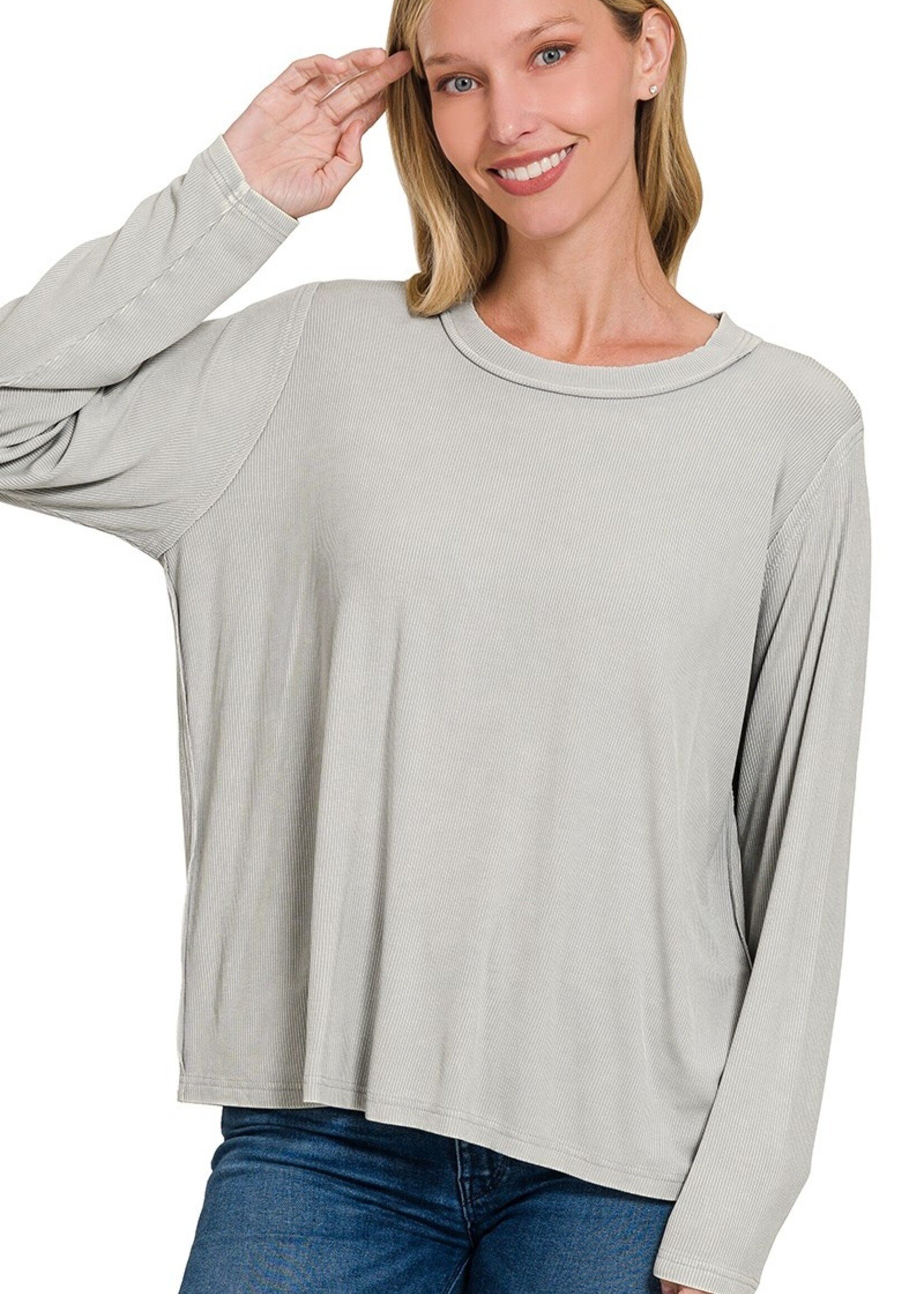 WASHED RIBBED SCOOP NECK LONG SLEEVE TOP