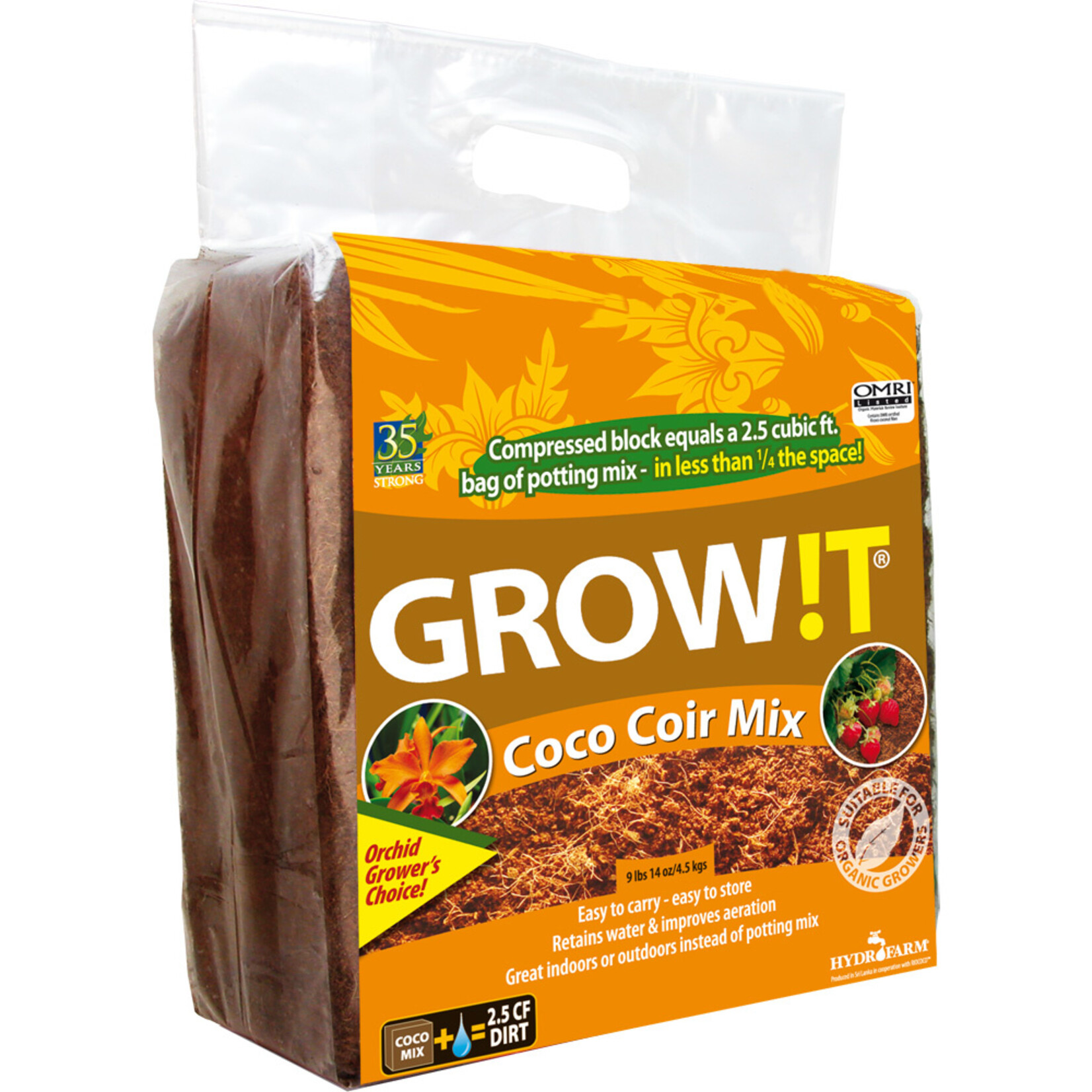 Hydrofarm Grow!T Organic Compressed Coco Coir Planting Mix, 2.5 Cu Ft/19 Gal