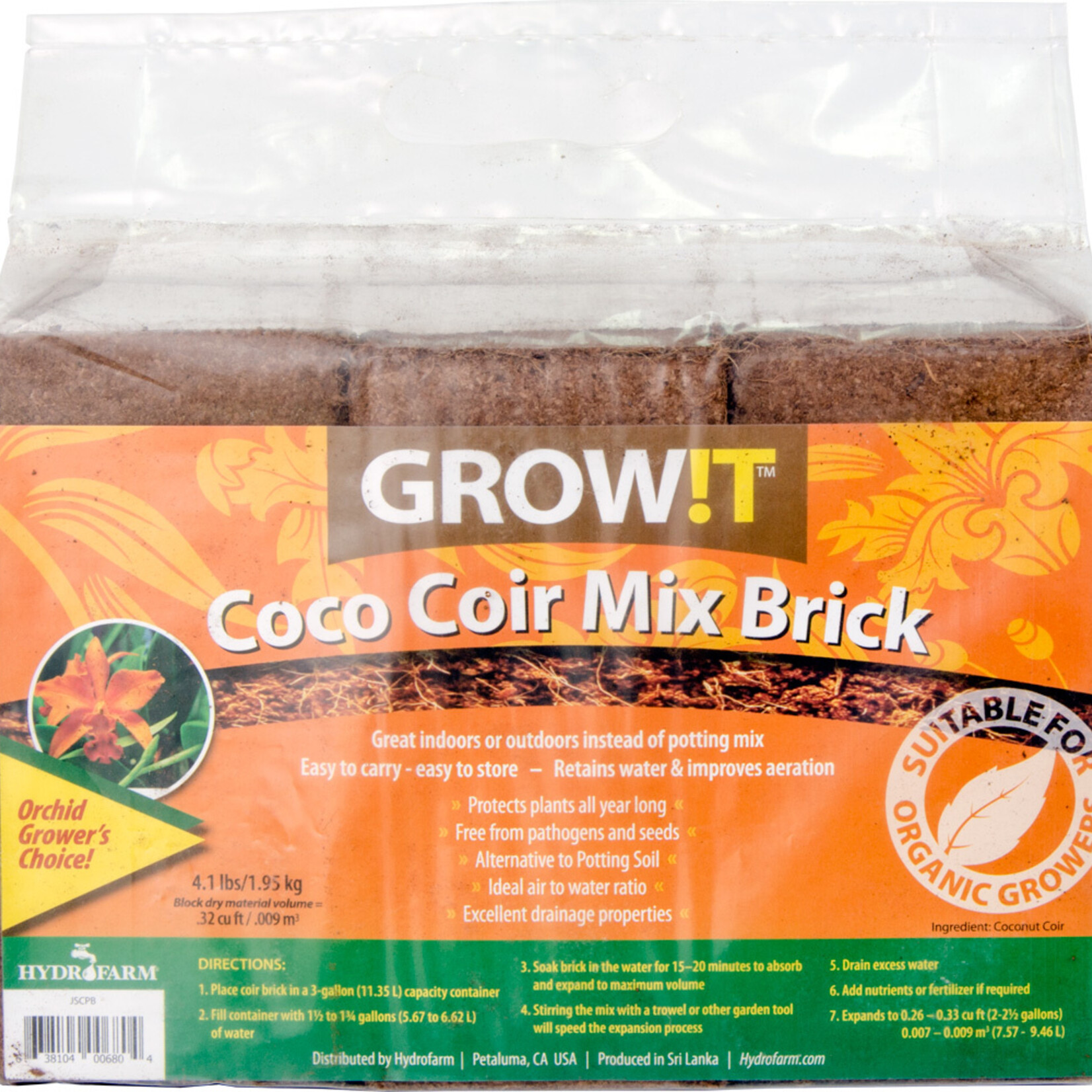 Hydrofarm GROW!T Coco Coir Mix Brick, pack of 3