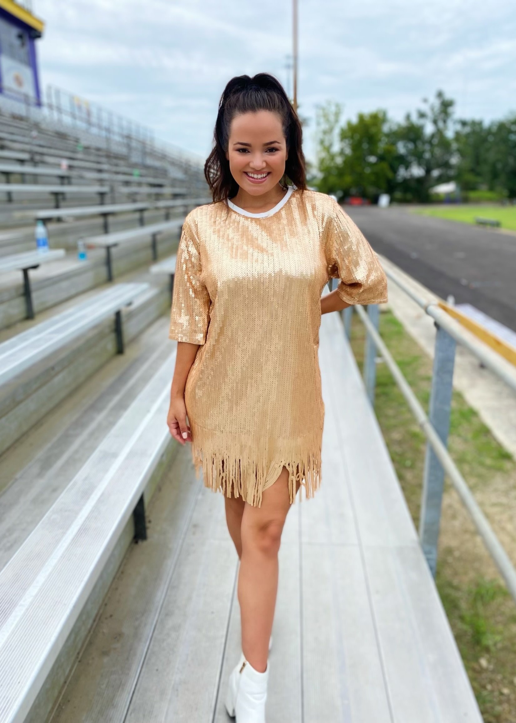 Bloom and Company Round Neck Fringe Sequin Gold Dress
