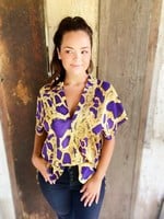 Bloom and Company Purple and Mustard Animal Clean V-Neck Top with Side Slits
