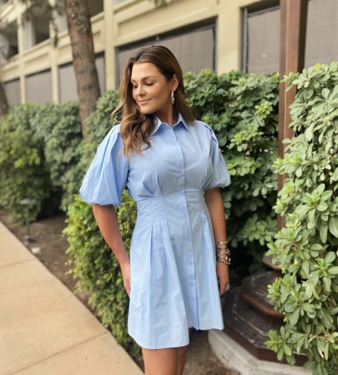 Blue Balloon Sleeve Mini Shirt Dress 