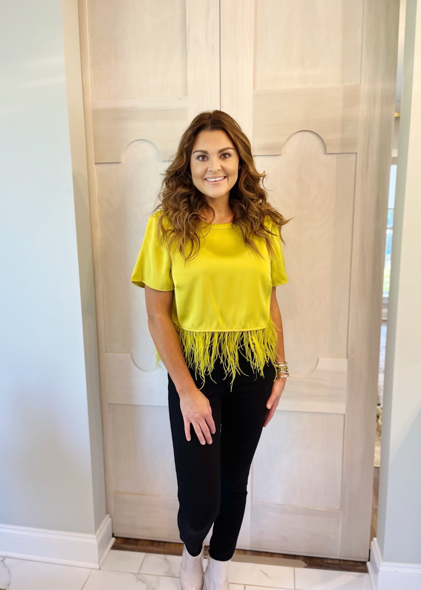 Bloom and Company Mustard Short Sleeve Top with Feather Trim