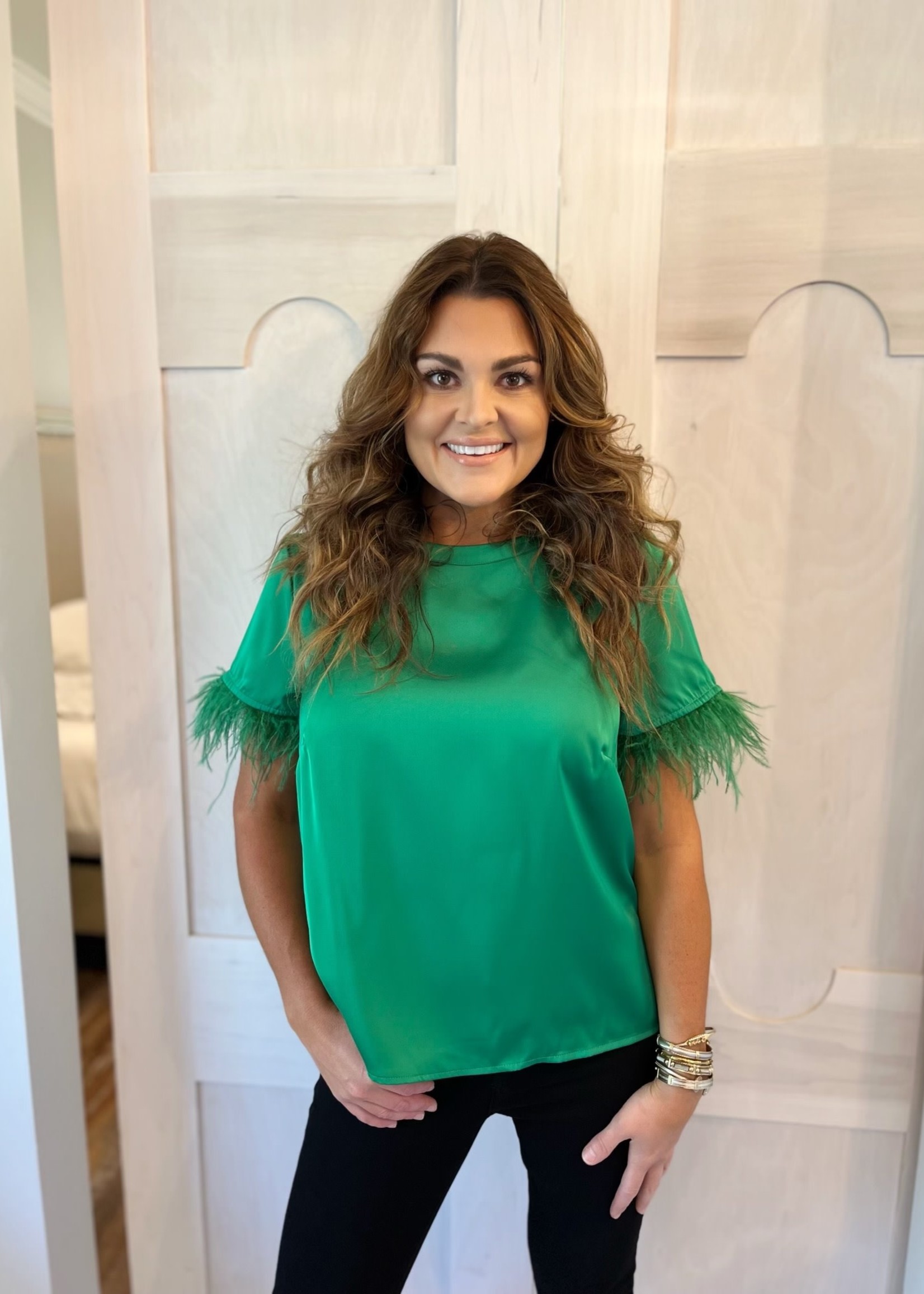 Bloom and Company Emerald Short Sleeve with Feather Trim