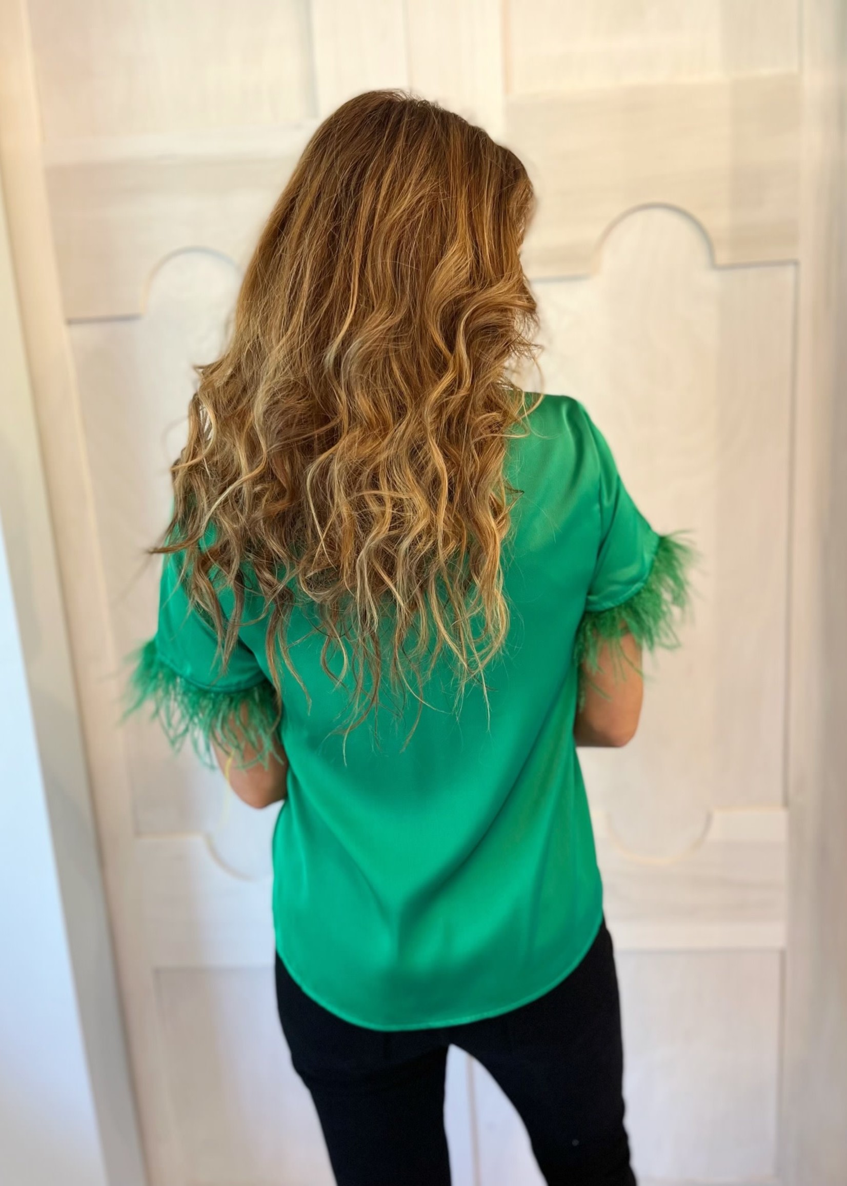 Bloom and Company Emerald Short Sleeve with Feather Trim