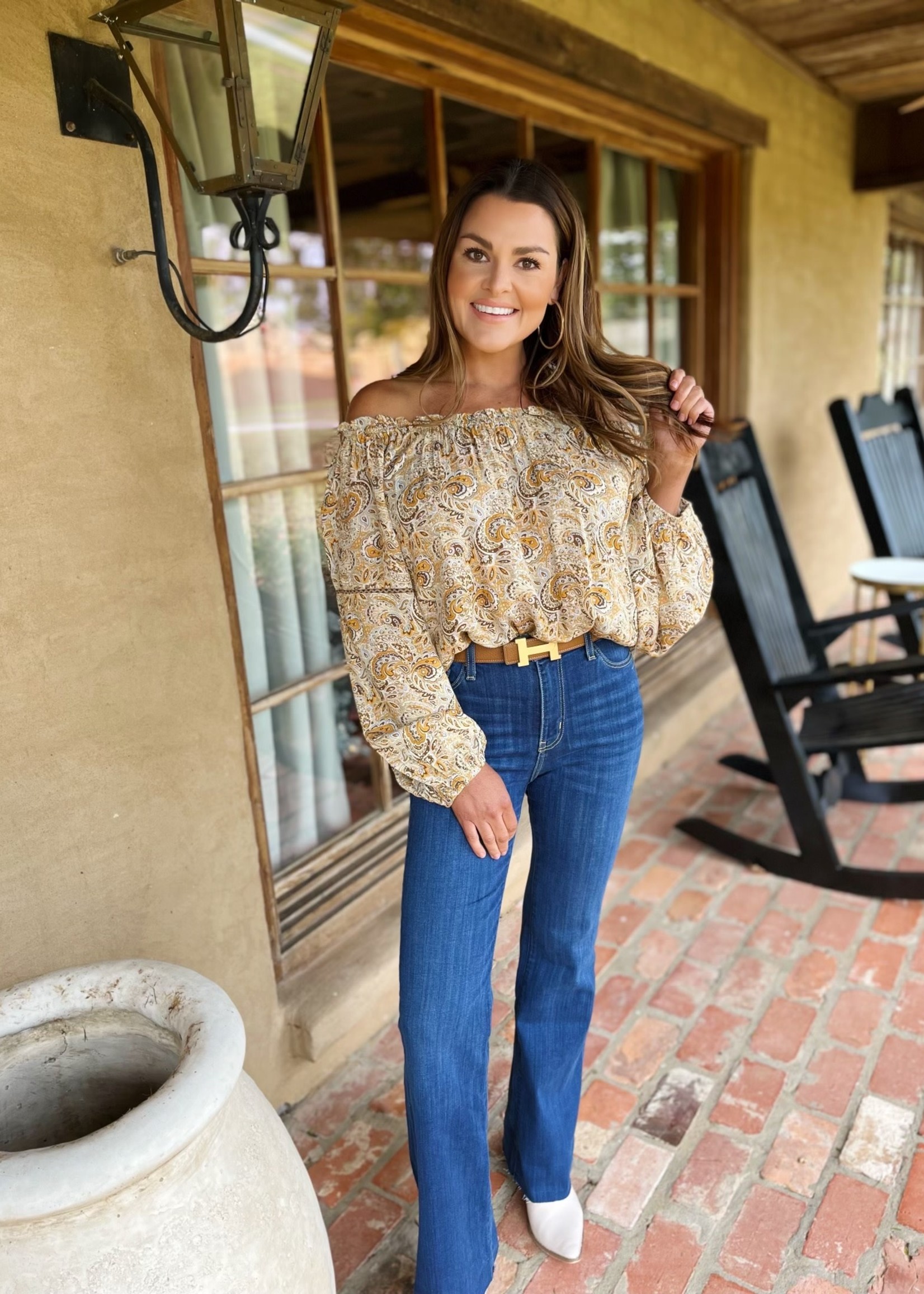 Bloom and Company Paisley Print Off the Shoulder Long Sleeve Top