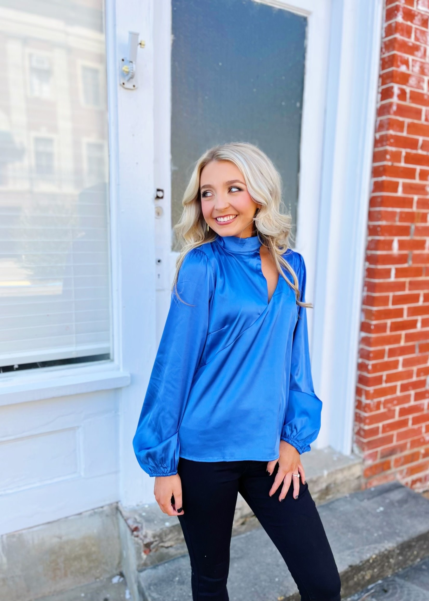Bloom and Company Blue Cut-Out Detail Satin Blouse