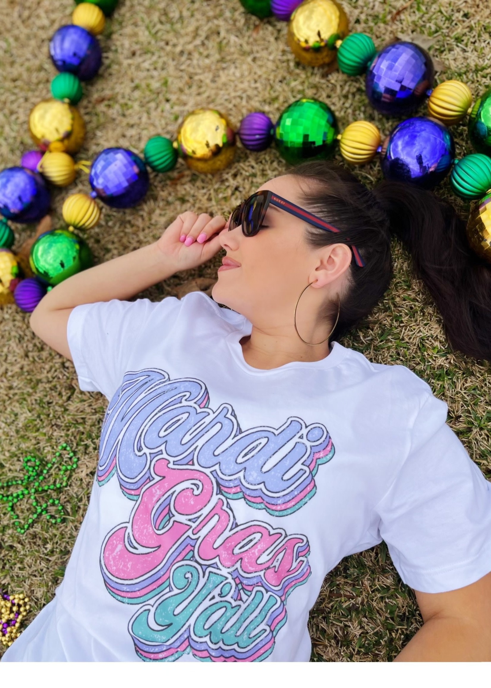 Bloom and Company Oversized ''Mardi Gras Y'all" White T-Shirt