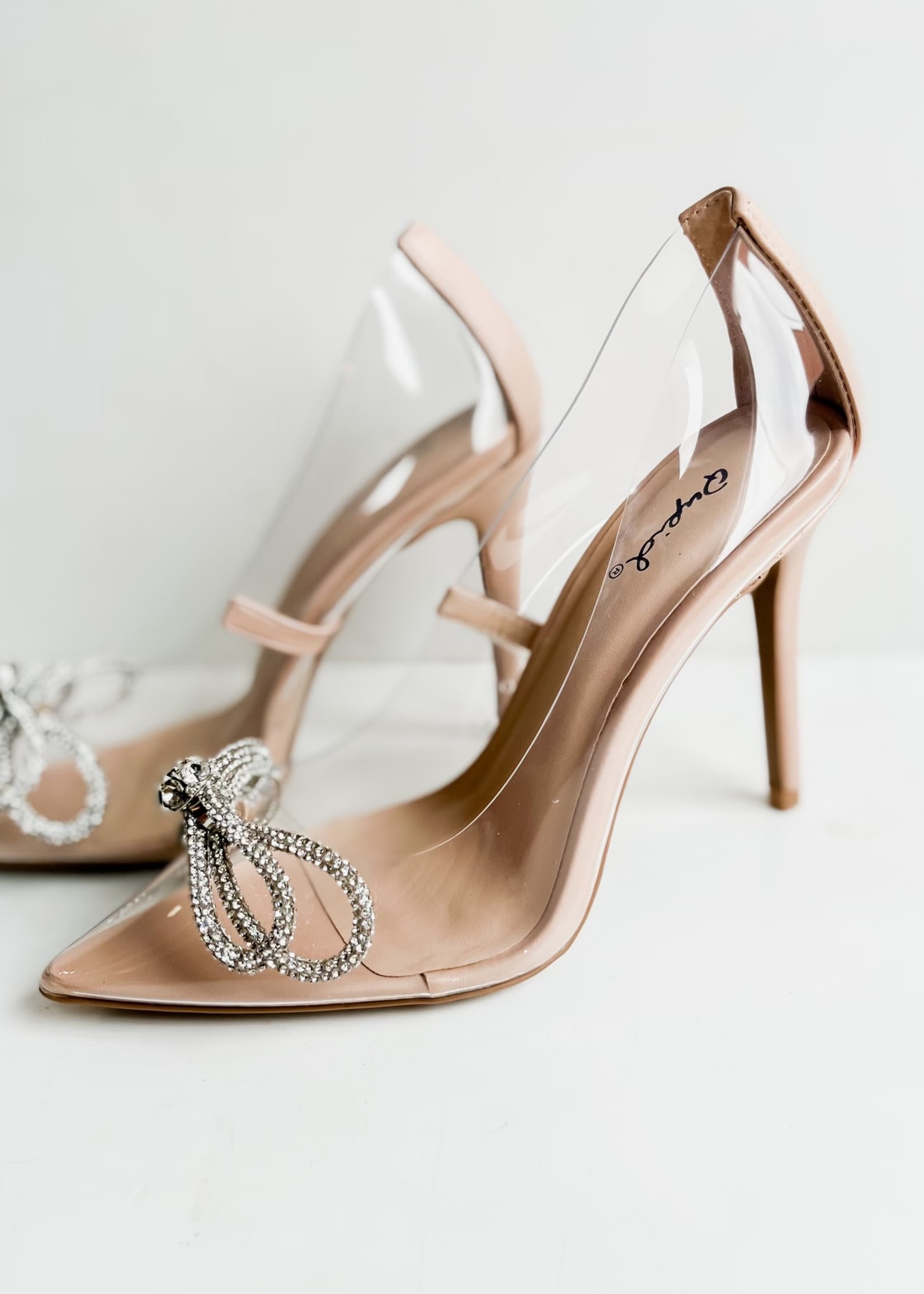 Bloom and Company Clear Nude Heel With Rhinestone Bow