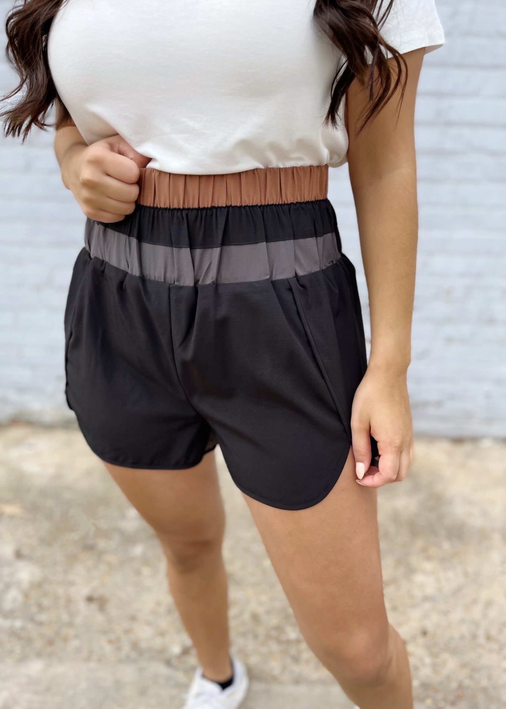 Bloom and Company Black and Brown Colorblock High Waisted Elastic Shorts