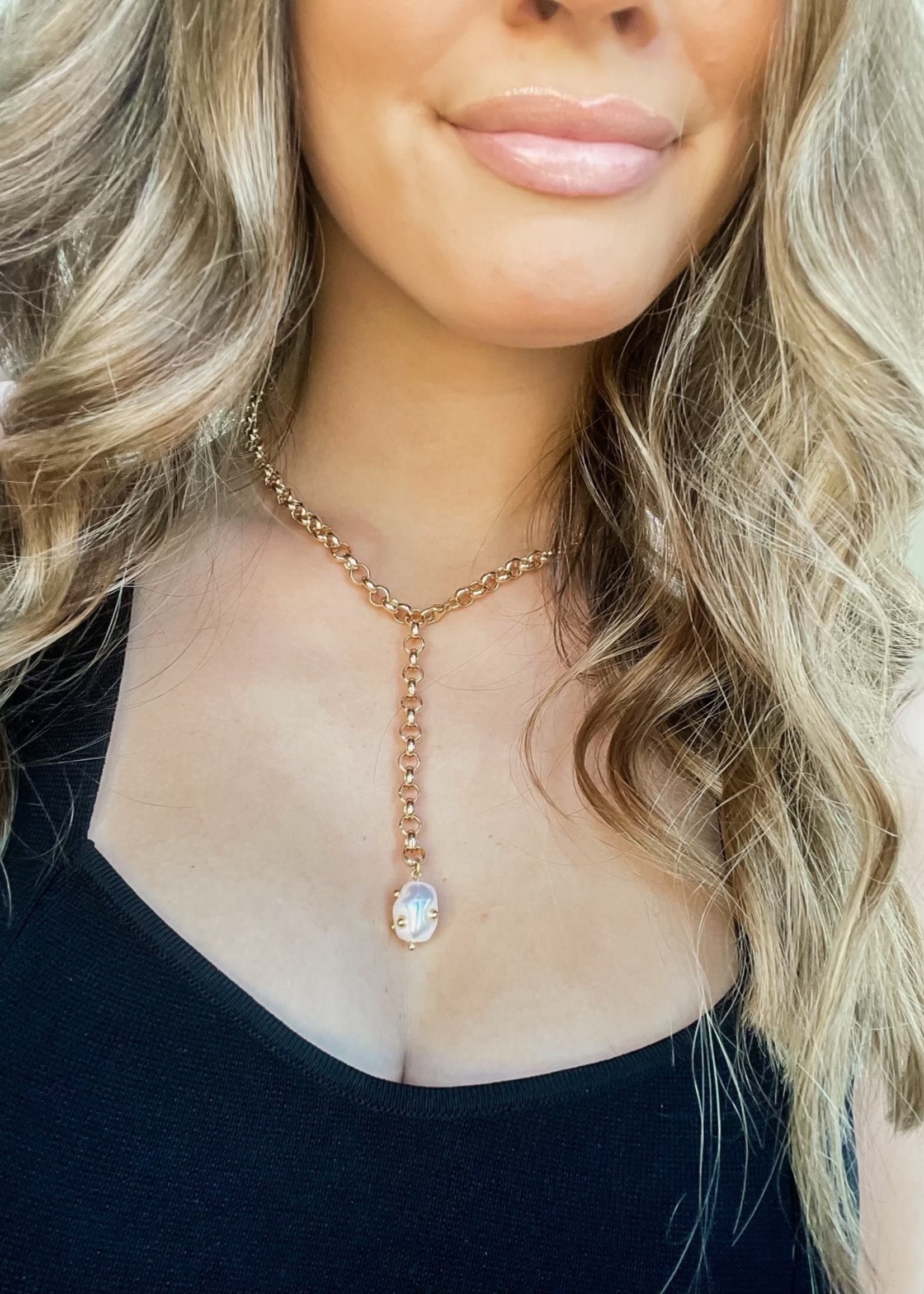 Chunky 18K Gold Round Rolo Link Chain Lariat Y Necklace ,Big Simulated  Baroque Pearl Pendant Necklace for Women.ETS-S1258