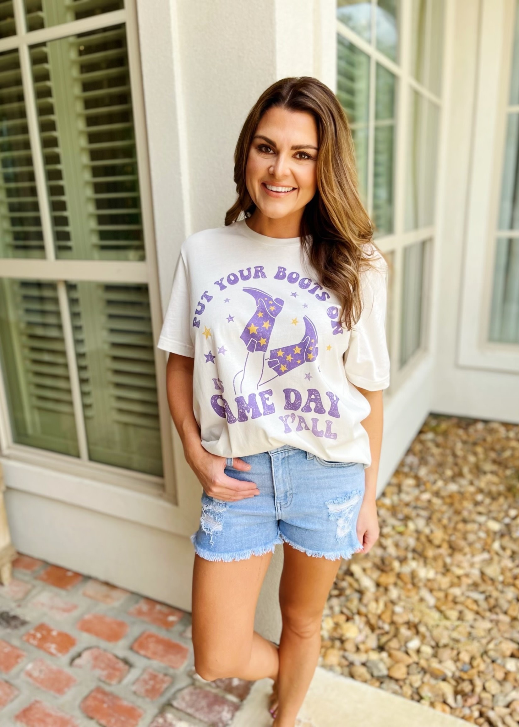 Bloom and Company Purple and Gold Game Day Boots Tee