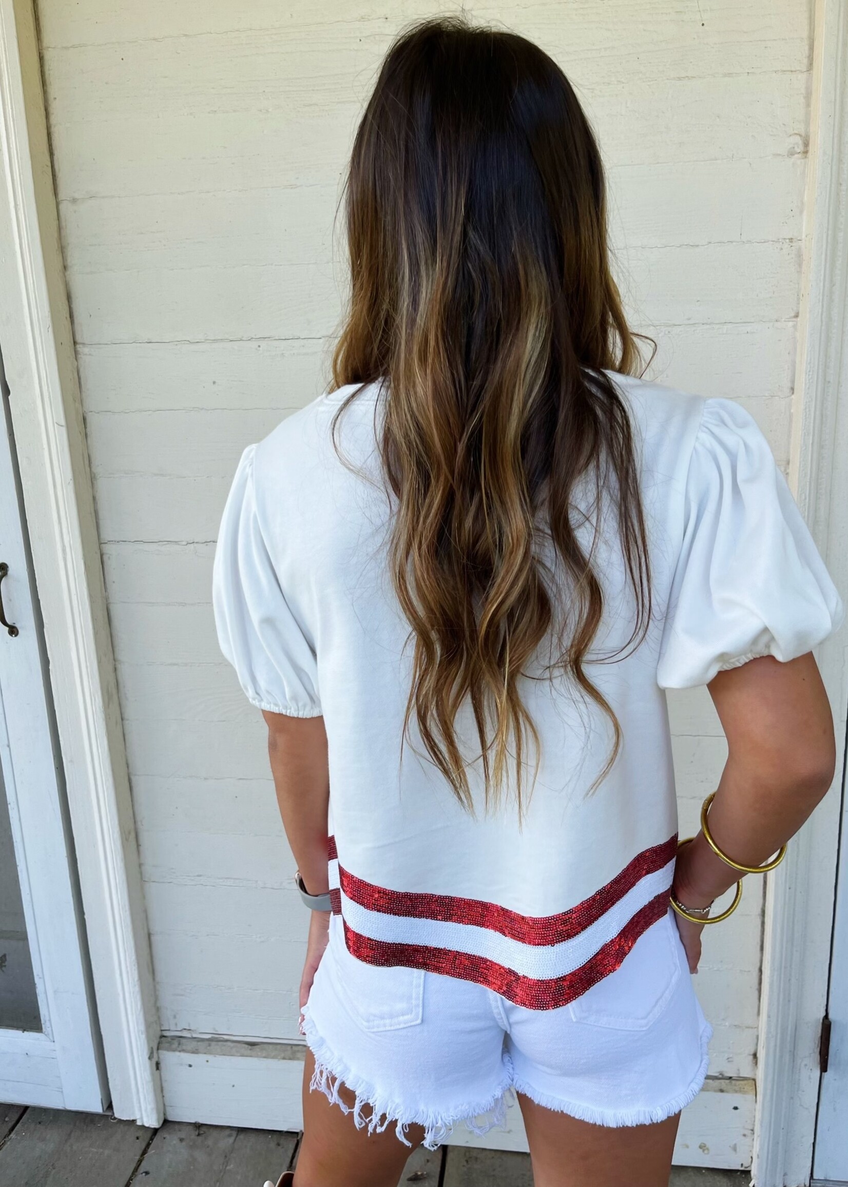 Bloom and Company White Curve Hem Stars and Stripes Patch Top