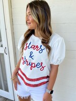 Bloom and Company White Curve Hem Stars and Stripes Patch Top