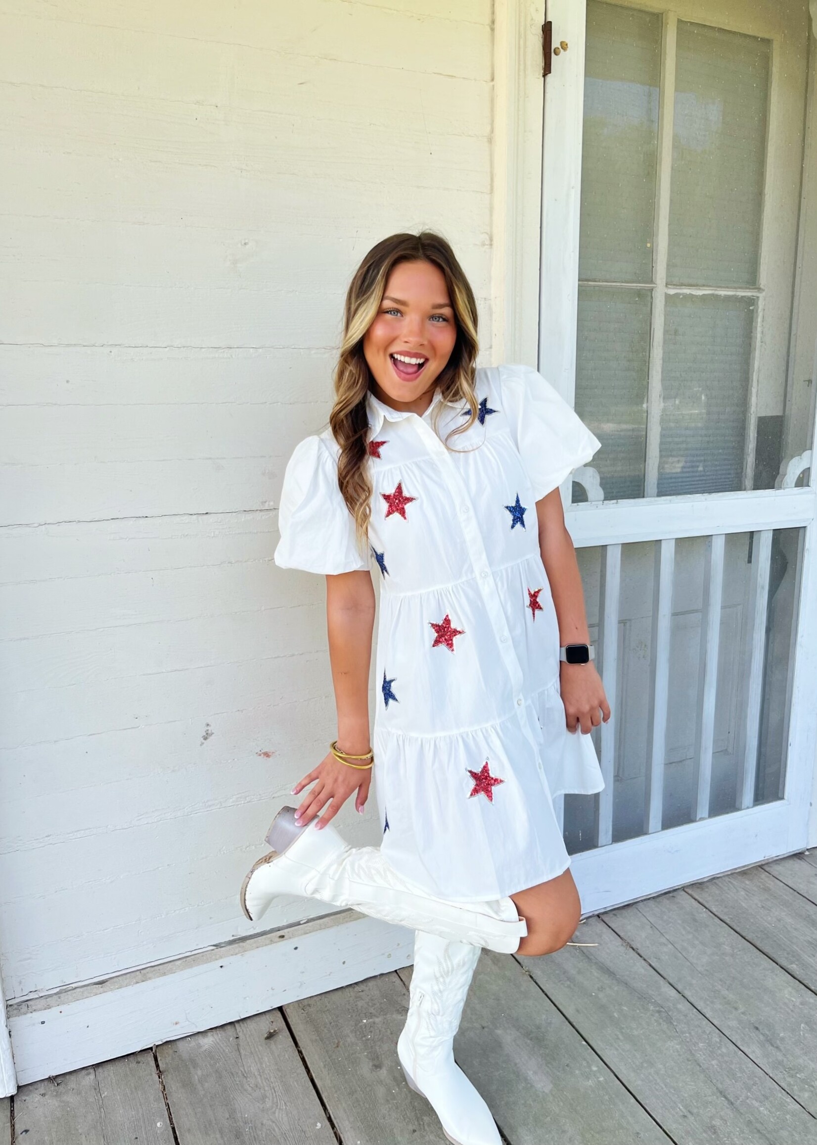 Bloom and Company Off White Poplin Sequin Star Patch Button Down Dress