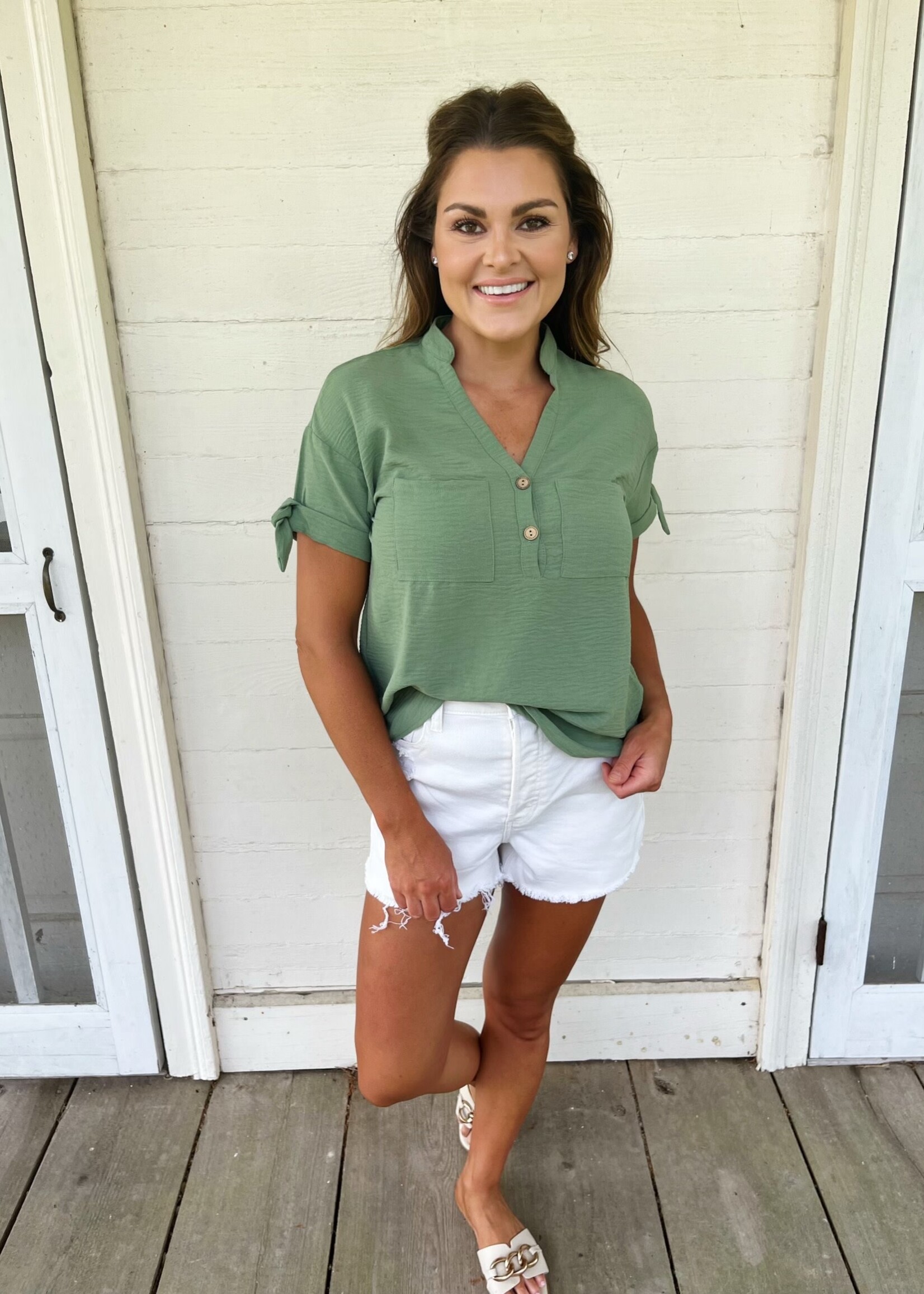 Bloom and Company Green V-Neck Button Top