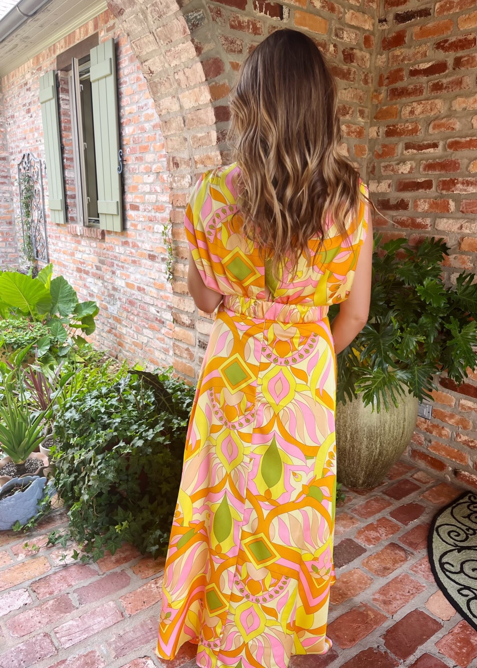 Bloom and Company Yellow Geographic Satin Maxi Dress