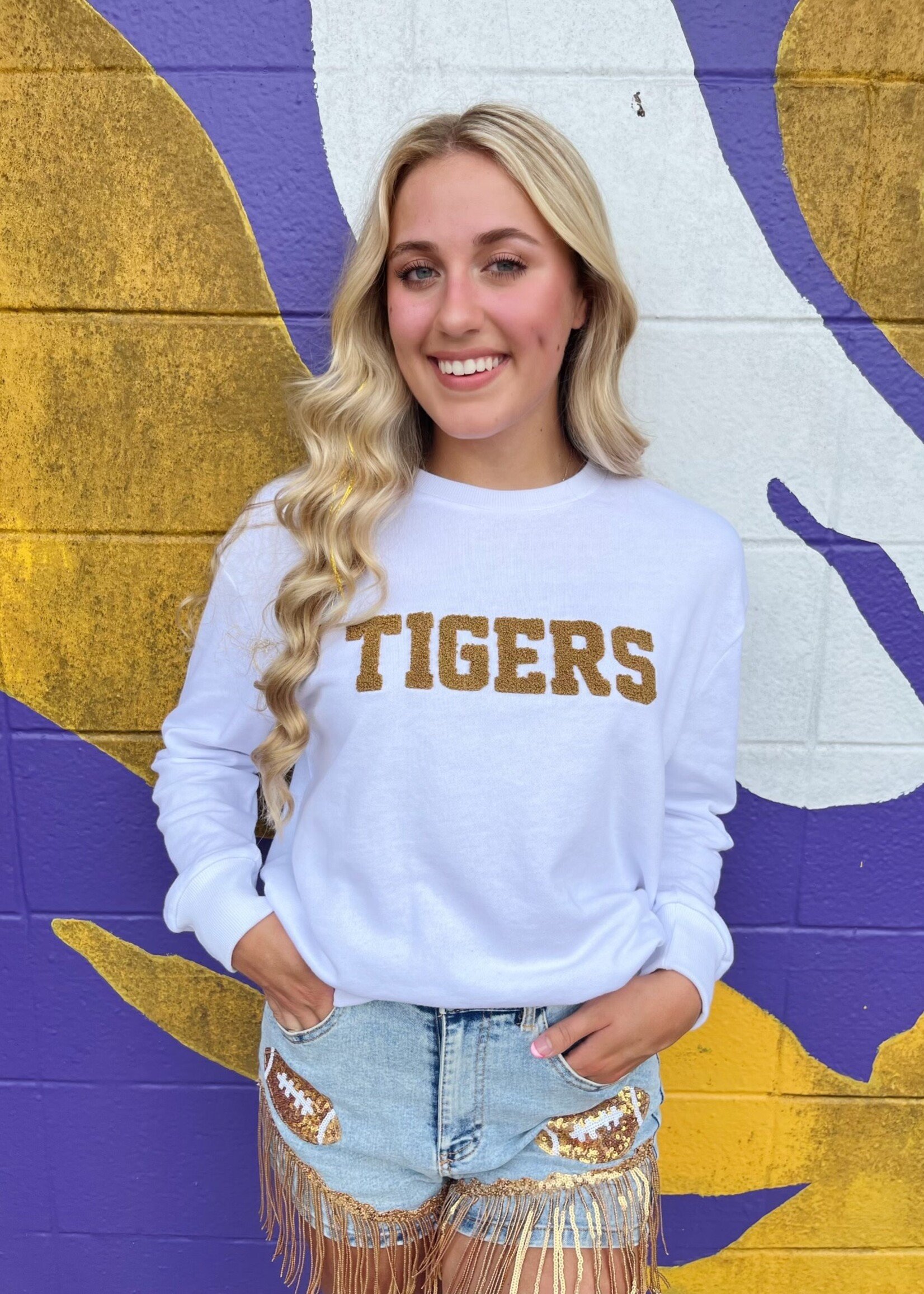 Bloom and Company White and Gold Tigers Campus Sweatshirt