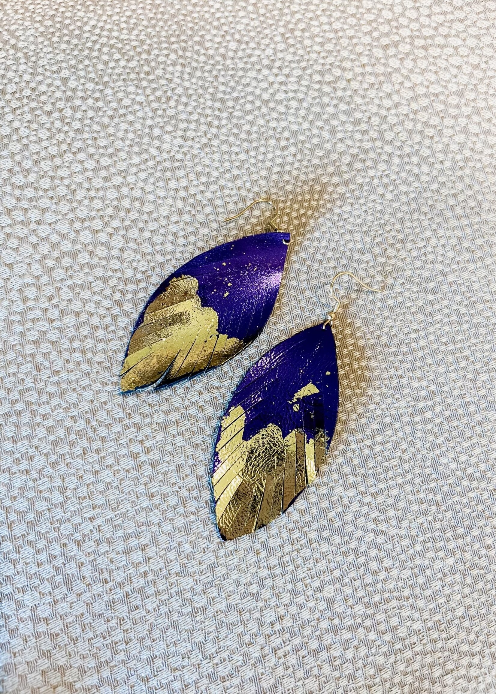 Bloom and Company Purple and Gold Leather Feather Earrings