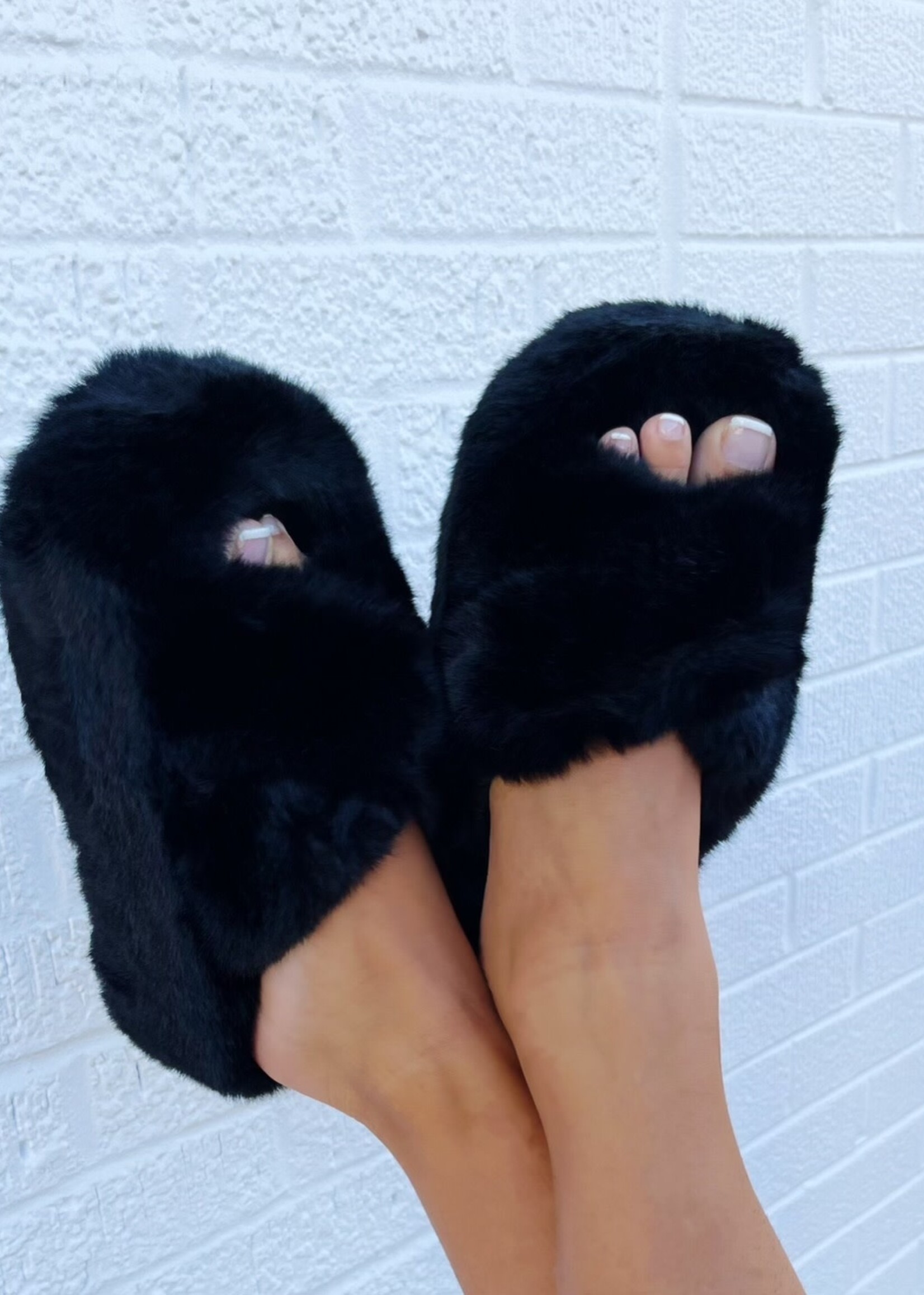 Bloom and Company Black Platform Fluffy Slippers