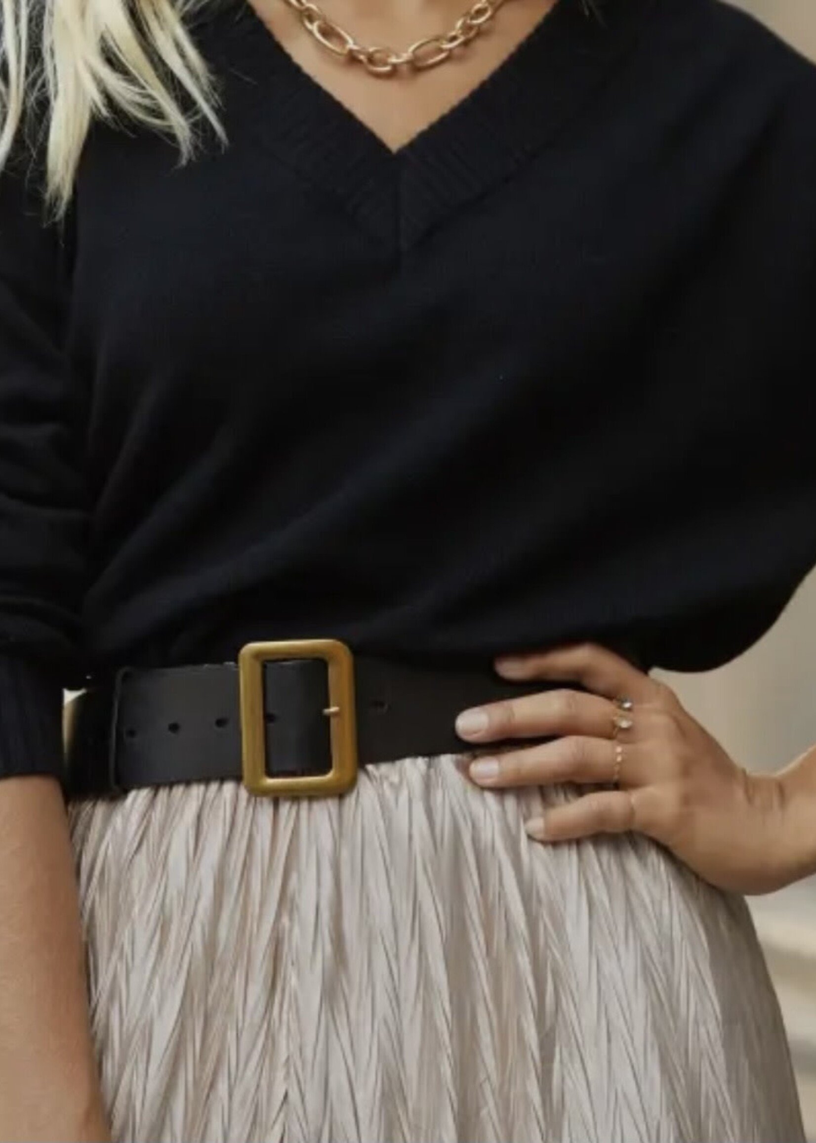Bloom and Company Nicole Black Rectangle Buckle Leather Belt