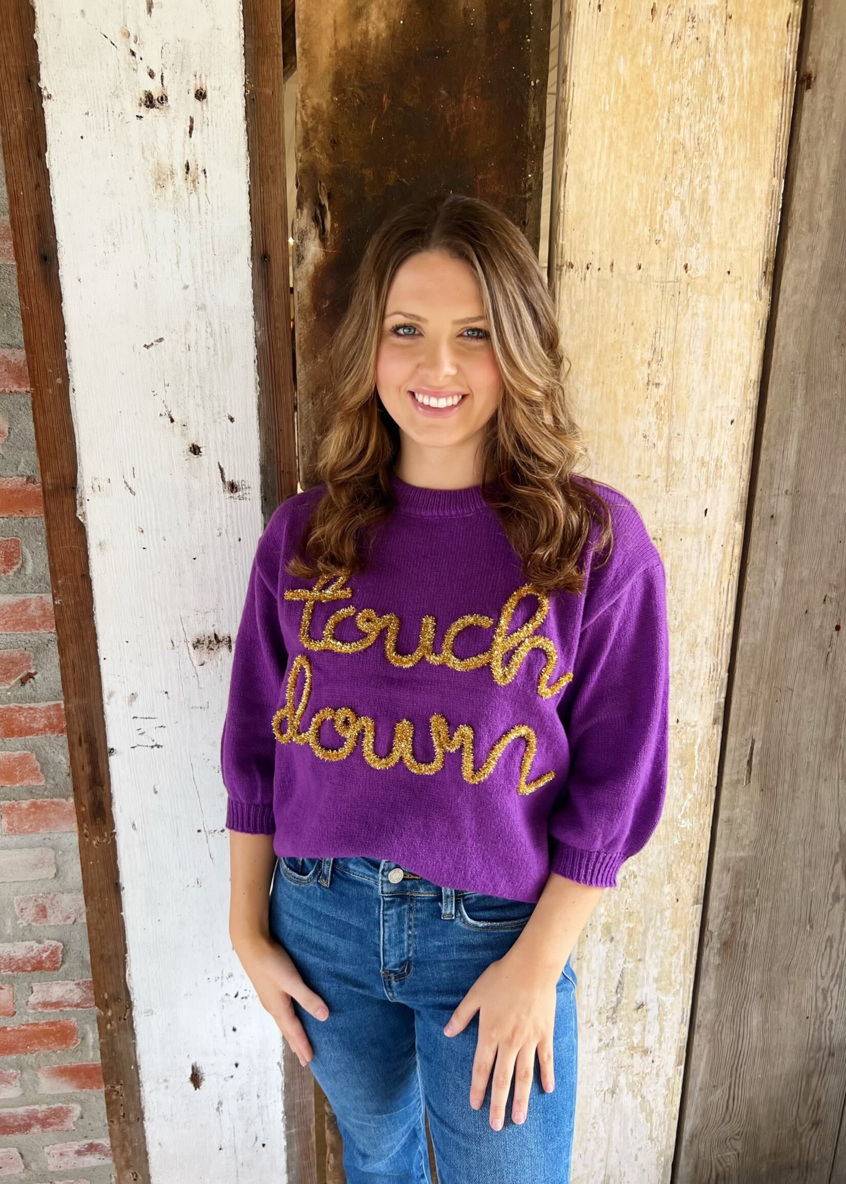 Bloom and Company Purple and Gold Metallic Touchdown Sweater