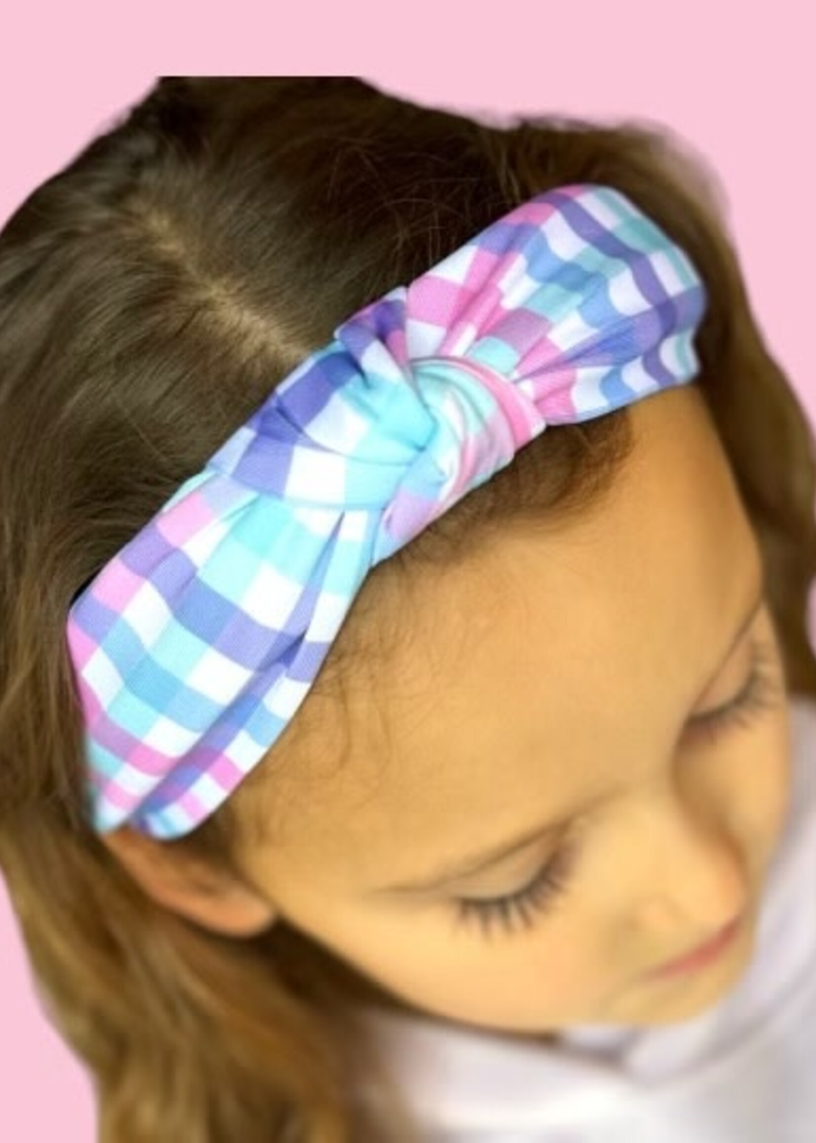 Bloom and Company Girls Plaid Sky Blue Top Knot Headband