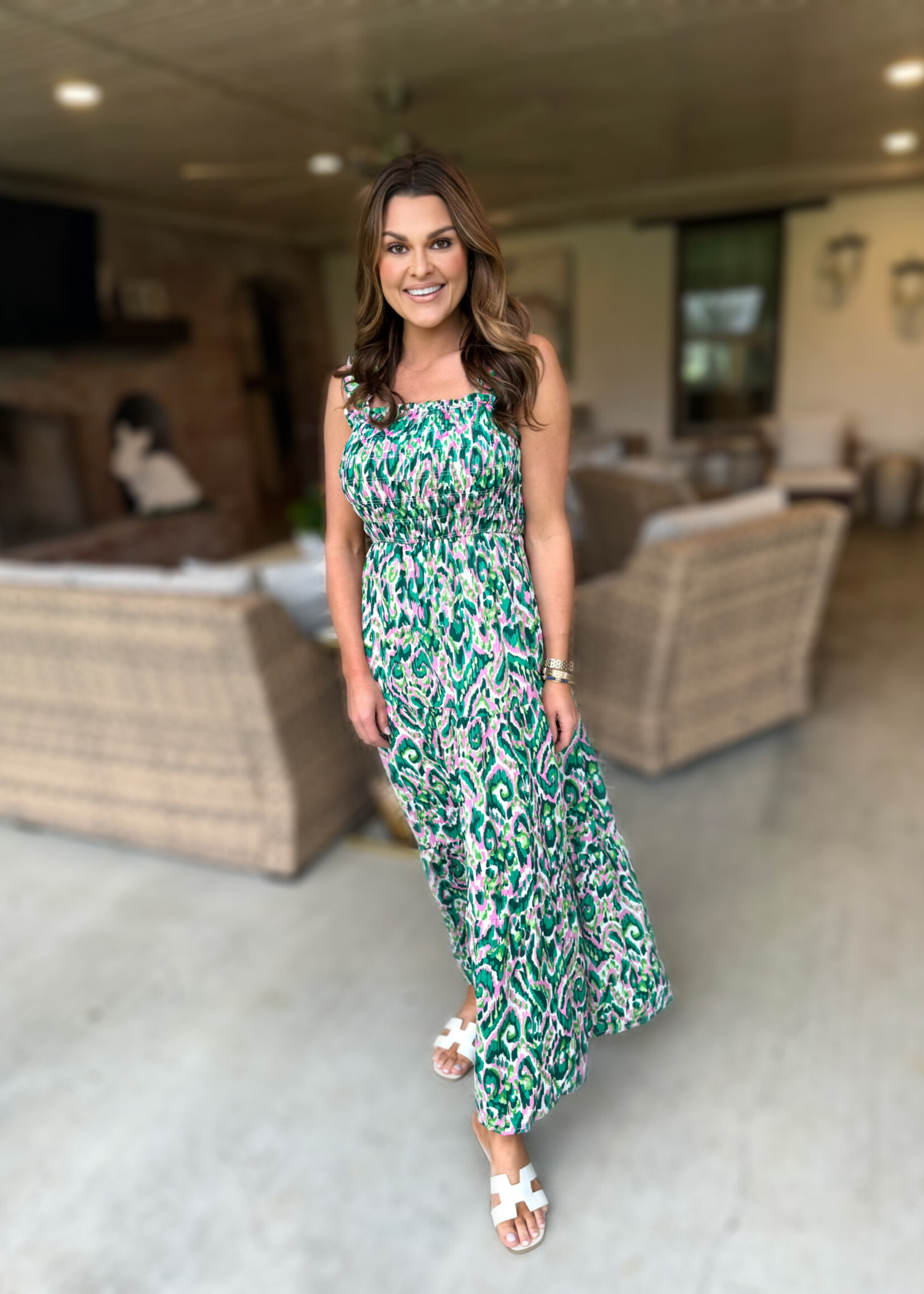 Bloom and Company Green and Pink Smocked Tiered Maxi Dress