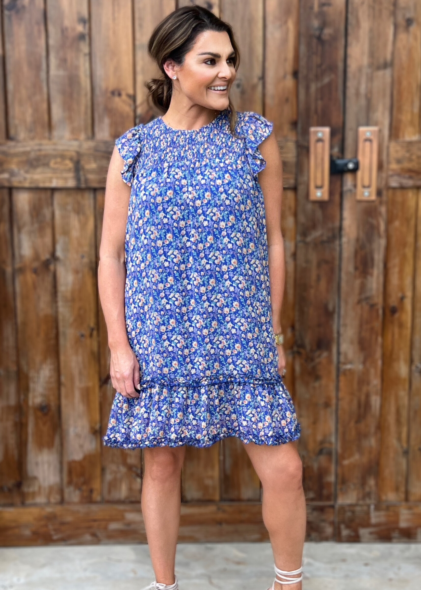 Bloom and Company Butterfly Sleeve Smocked Woven Floral Print Dress